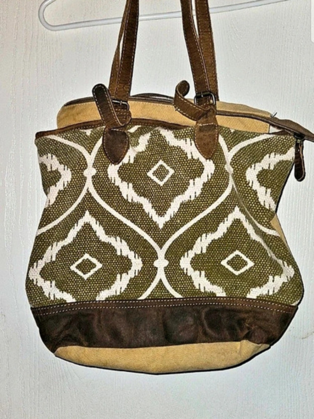 Myra Bag Geometric Canvas Tote in Green & Brown